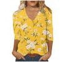 Cotton T-shirts Women Floral Printed Tee Shirt V Neck 3/4 Sleeve Spring Summer Tunic Tops Graphic Tshirts (XL, Yellow 01)
