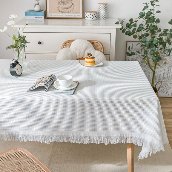 Cotton Table Cloth Woven Fringed Home Cotton Linen Rectangular Tablecloth,Outdoor Party Table Table Cloth for Dining Kitchen Room,White Table Cover Tablecloth Washable (White, 130*180cm)