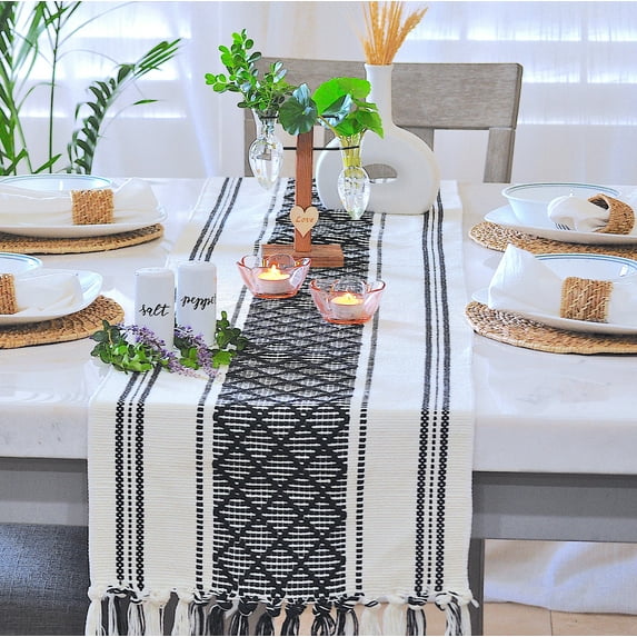 Cotton Table Runner with Tassels 14x90 Inches, Black & Cream | Boho Woven Washable Dresser Scarf | Farmhouse Long Cotton Table Runner with Fringe