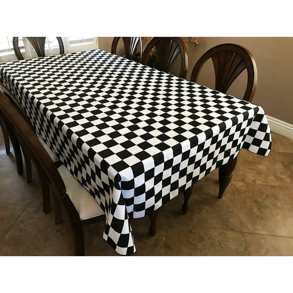 Cotton Tablecloth Checkered Print / 2 Inch Racecar Checkerboard Black and White