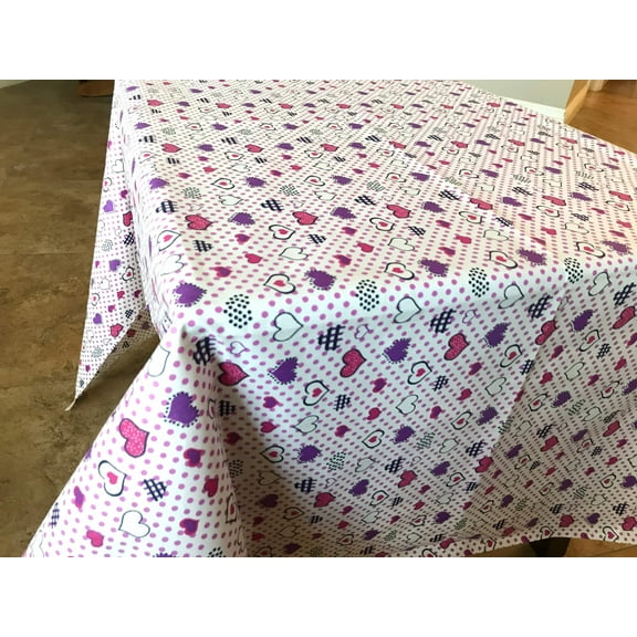 Cotton Tablecloth Floral Hearts Print Hearts and Dots Purple