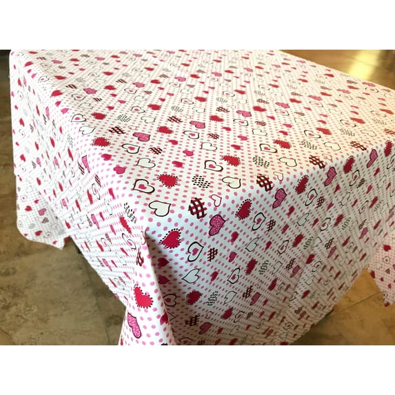 Cotton Tablecloth Floral Hearts Print Hearts and Dots Red
