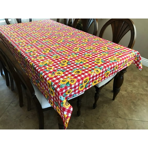 Cotton Tablecloth Floral Print Sunflowers on Tavern Check Red