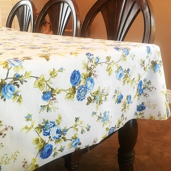 Cotton Tablecloth Floral Print Vintage Floral Large Roses Blue on White