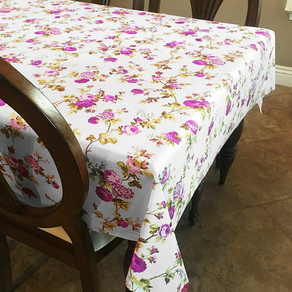 Cotton Tablecloth Floral Print Vintage Floral Large Roses Magenta on White