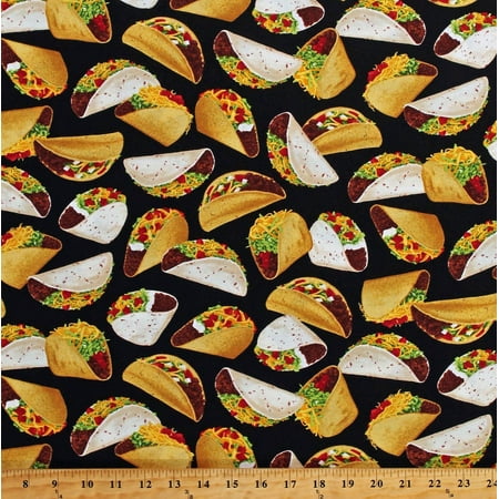 Cotton Tacos Mexican Food on Black Cotton Fabric Print by the Yard (GM-C6957-BLACK)