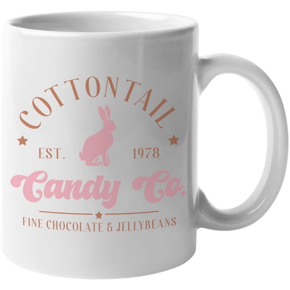 Cotton Tail Candy Co Est. 1978 with a Bunny, Easter Shop Sign Art Merch Gift, White 11oz Ceramic Mug