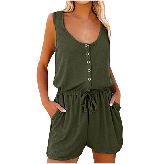 Cotton Tank Short Jumpsuits Womens Summer Button Down Elastic Drawcord Waist Sleeveless Romper Shorts Pocketed (2XL, Army Green)