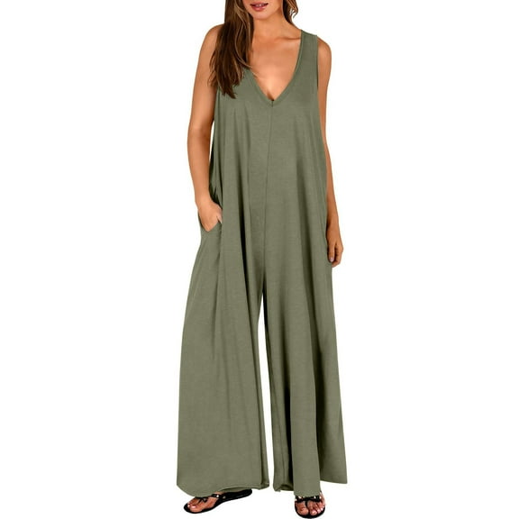 Cotton Tank Top Jumpsuits for Women Summer Casual Sleeveless V Neck Soft Loose Wide Leg Long Rompers with Pockets (XL, Army Green)