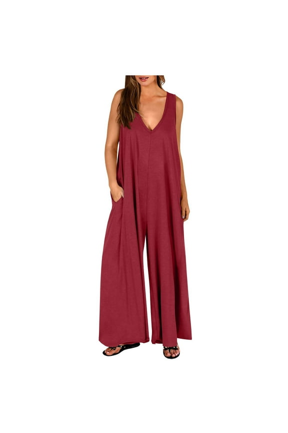 Cotton Tank Top Jumpsuits for Women Summer Casual Sleeveless V Neck Soft Loose Wide Leg Long Rompers with Pockets (XL, Wine)