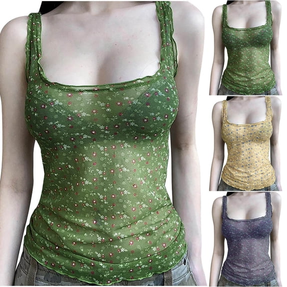 Cotton Tank Top Women Ribbed Tank Top Women Women's Fresh Floral Contrast Color Mesh Round Neck Camisole Green S