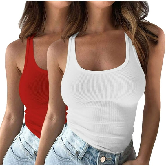 Cotton Tank Tops 2pc Women's Round Neck Ribbed Tank Tops Workout Sleeveless Summer Casual Slim Fitted Cami Shirt Solid Color Sleeveless Tee Seamless Tank Tops for Lady White XXL