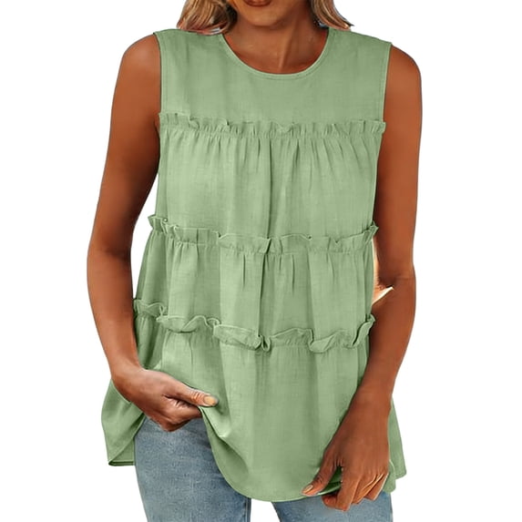 Cotton Tank Tops Blouses for Women Tiered Ruffle Sleeveless Blouse Womens Round Neck Flowy Lightweight Peplum Tank for Casual Summer Boho Wear Green L