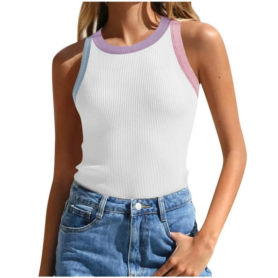 Cotton Tank Tops Soft Rib-Knit Color Block Sleeveless Top Workout Casual Crewneck Slim Base Tees Blouses (XL, White)