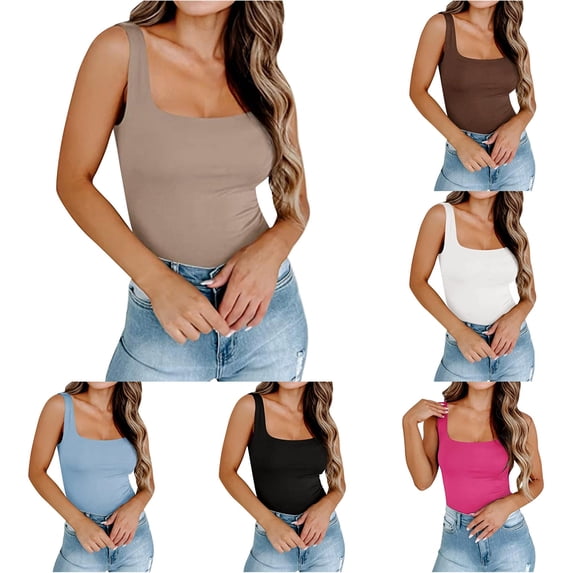 Cotton Tank Tops For Women With Built In Bra Athletic Basic Summer Slim Fit Tops Square Neck Spaghetti Strap Solid Color Clothes Casual Trendy Club Everyday Wear,Khaki,L