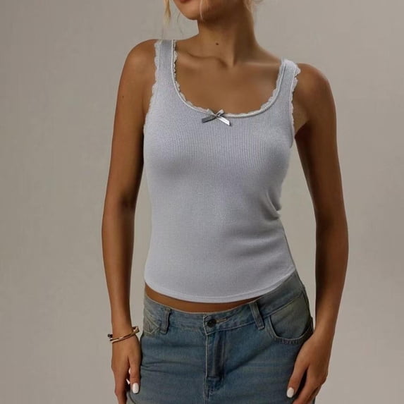 Cotton Tank Tops Women Lace Ribbed Knit Cami Teen Girls Cute Sleeveless Casual Soft Stretchy Tank Tops Summer Undershirt Gray M