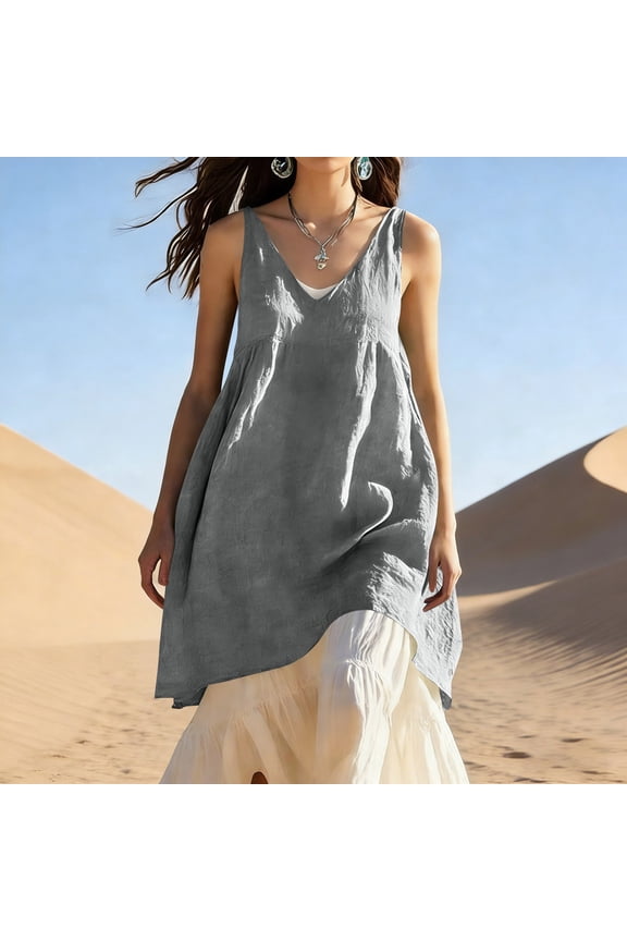Cotton Tank Tops Women Plus Boho V Neck Mini Sundress Womens Sleeveless Linen Long Tank Tops Loose Fitting Flowy Cami Dress for Summer Vacation Gray XL