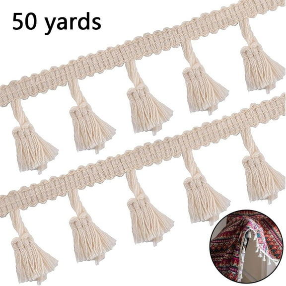 Cotton Tassel Fringe Trim, Lace Trim Ribbon Trimming for Sewing Crafts, Clothing, Bedding, Curtains and More,Beige