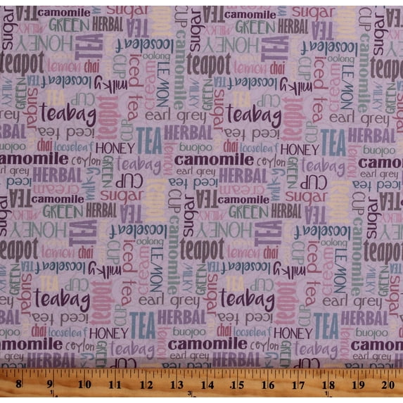 Cotton Tea Words Herbal Teabags Iced Tea Beverages Food Grey Cotton Fabric Print by the Yard (116273)