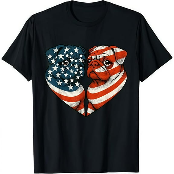 Cotton Tee Black and White USA Flag Bulldog Heart Graphic Patriotic T-Shirt Top Comfortable Casual S-5XL