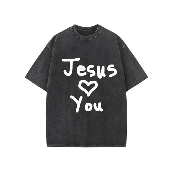 Cotton Tee Jesus Loves You Graphic T-Shirt Top Black Washed Cotton Breathable Round Neck Casual Comfortable S-2XL Plus Size
