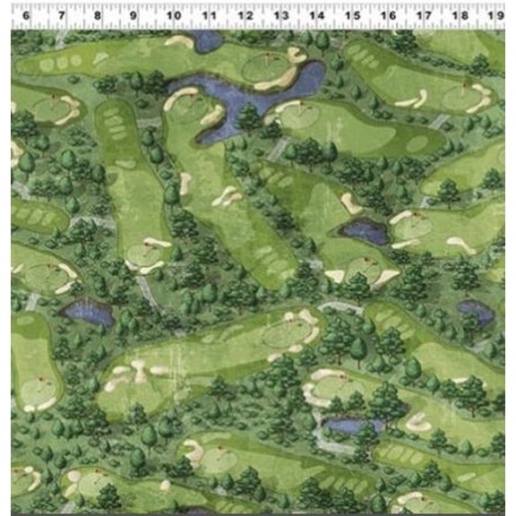 Cotton Tee Time Golf Course Green Aerial View Scenic Fairway Clothworks Cotton Fabric Print by the Yard (YA779-55)