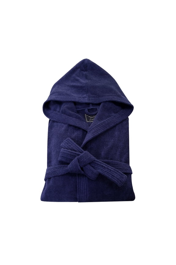 Cotton Terry Cloth Bathrobe for Men Women Hooded Classic Towel Full Length Robe Navy Blue One Size