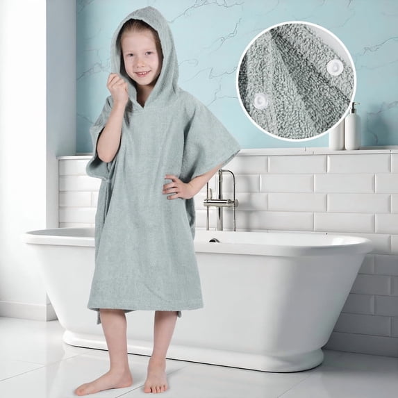 Superior Lyron Kids Cotton Terry Medium Weight Hooded Poncho Bath Towel, Large, Sage