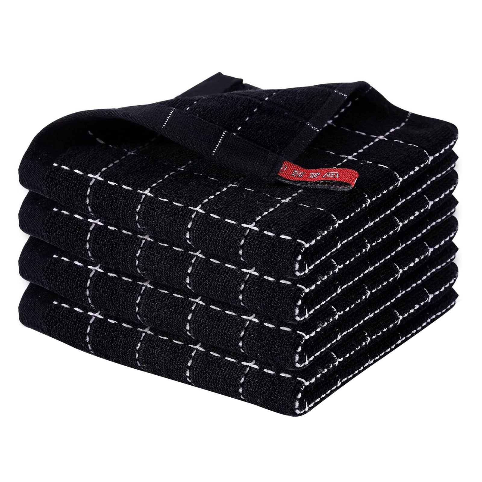 Cotton Terry Kitchen Towels(12*12inches), Checkered Designed, Soft and Super Absorbent Dish Towels, 4 Pack - Black
