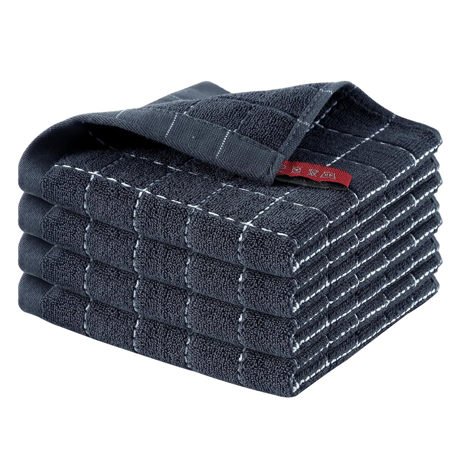 Cotton Terry Kitchen Towels(12*12inches), Checkered Designed, Soft and Super Absorbent Dish Towels, 4 Pack - Dark grey
