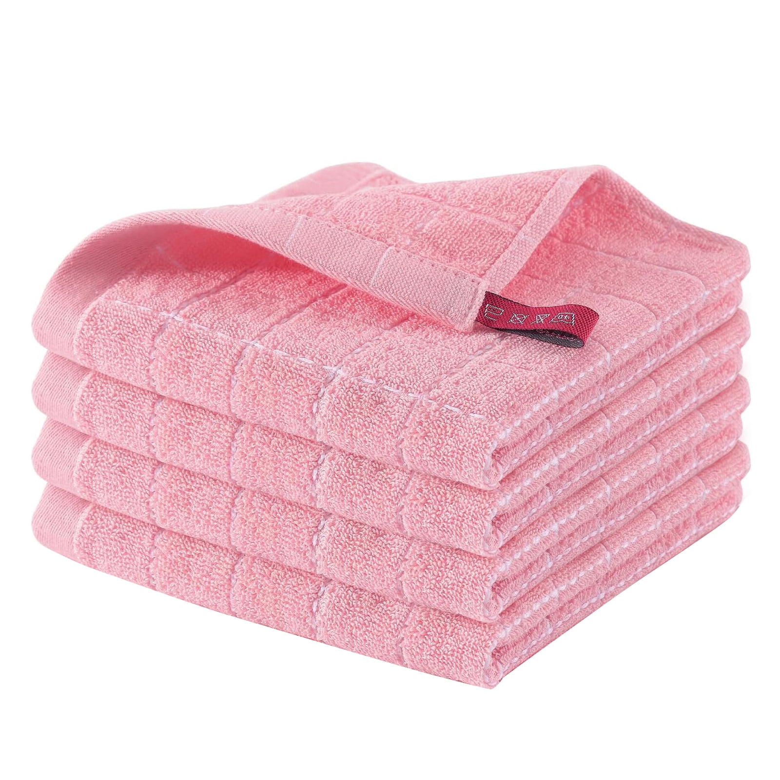 Cotton Terry Kitchen Towels(12*12inches), Checkered Designed, Soft and Super Absorbent Dish Towels, 4 Pack - Light pink