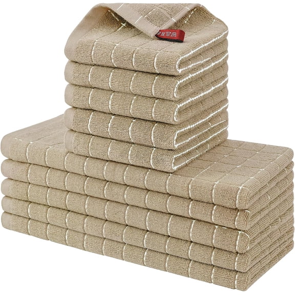 Cotton Terry Kitchen Towels and Dishcloths Set of 10, Tan