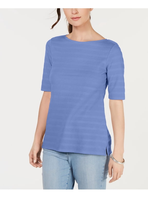 Cotton Texture-Striped Elbow-Sleeve Top Blue Star XS