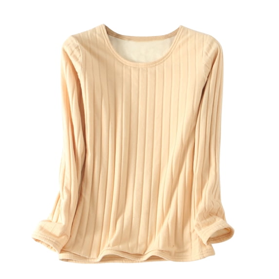 Cotton Thermal Tops for Women Ribbed Knit Base Sweaters Plush Lining Thick Warm Crewneck Pullover Winter Clothes (L, Beige)