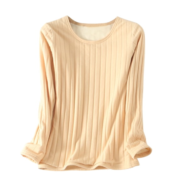Cotton Thermal Tops for Women Ribbed Knit Base Sweaters Plush Lining Thick Warm Crewneck Pullover Winter Clothes (L, Beige)