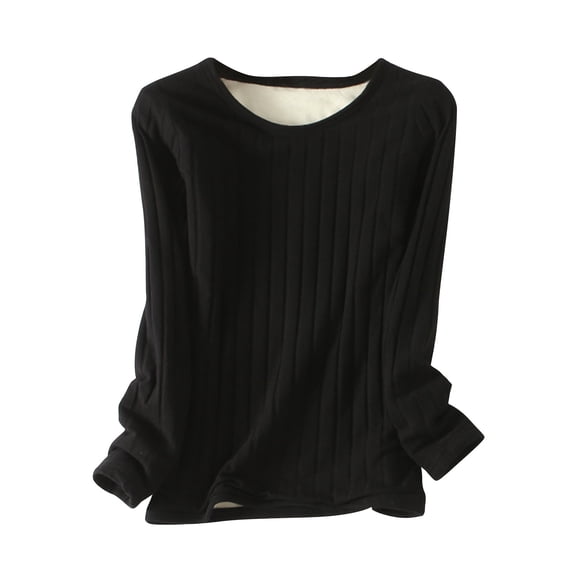 Cotton Thermal Tops for Women Ribbed Knit Base Sweaters Plush Lining Thick Warm Crewneck Pullover Winter Clothes (L, Black)