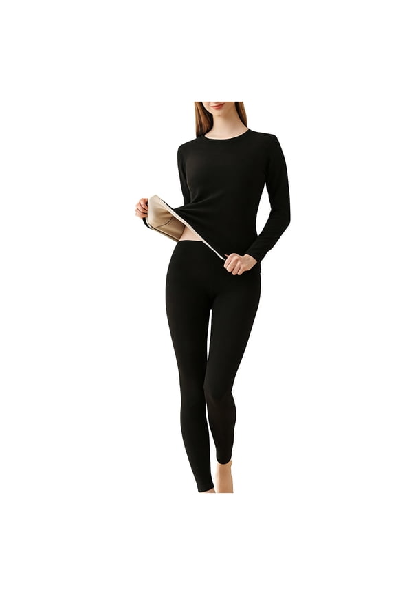 Cotton Thermal Underwear Womens Set Thermal Tops Winter Leggings Base Layer Ribbed Womens Pyjamas Thermal Clothing Black M