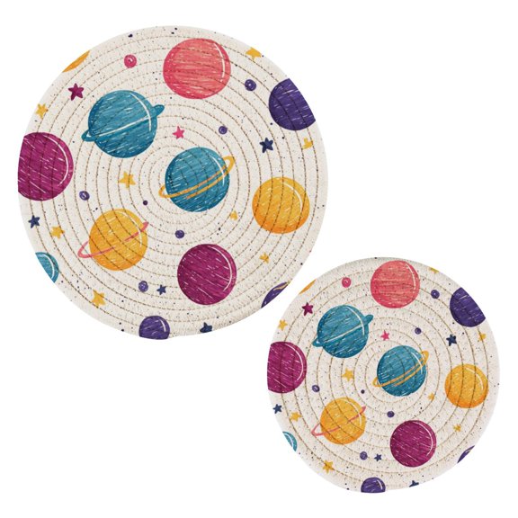 Cotton Thread Weave Hot Pot Holders Multi-use Hot Mats Non-Slip Coasters Heat Resistant Potholders for Cooking Baking Cute Doodle Planets