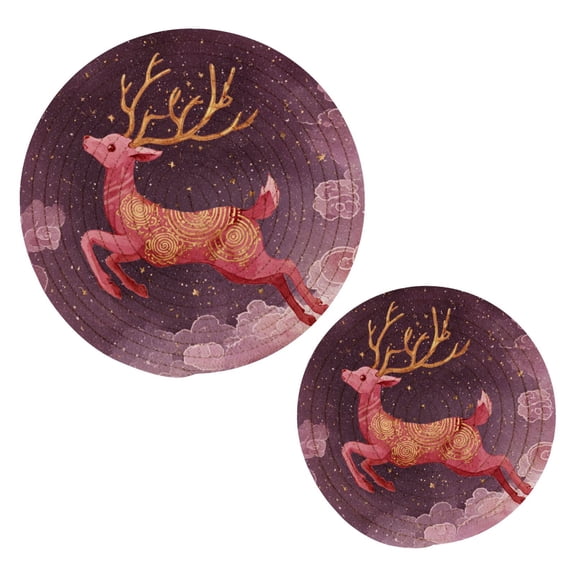 Cotton Thread Weave Hot Pot Holders Multi-use Hot Mats Non-Slip Coasters Heat Resistant Potholders for Cooking Baking Deer with Long Antlers