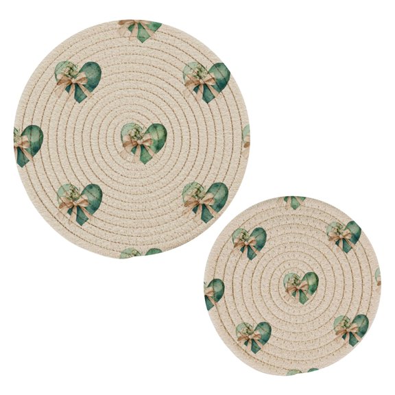 Cotton Thread Weave Hot Pot Holders Multi-use Hot Mats Non-Slip Coasters Heat Resistant Potholders for Cooking Baking Emerald Green Hearts Pattern