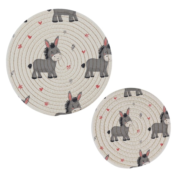 Cotton Thread Weave Hot Pot Holders Multi-use Hot Mats Non-Slip Coasters Heat Resistant Potholders for Cooking Baking Grey Cute Donkeys Pattern