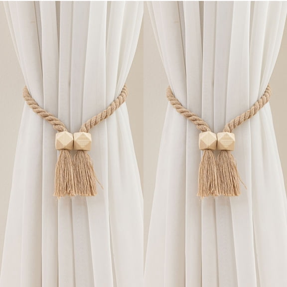 Cotton Thread Wooden Curtain Tiebacks, Curtain Tie Backs for Curtains 2 Pack, Curtain Holders for Boho Bedroom Decor,Farmhouse DecorBrown