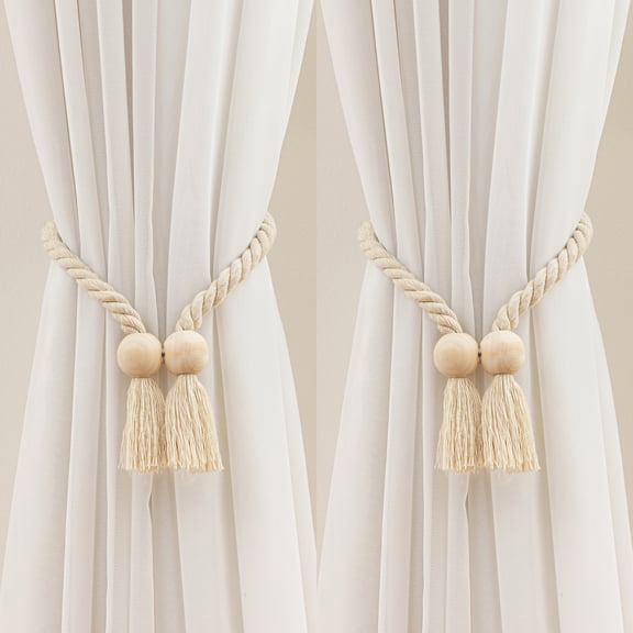 Cotton Thread Wooden Round Bead Curtain Tiebacks, Curtain Tie Backs for Curtains 2 Pack, Curtain Holders for Boho Bedroom Decor,Farmhouse DecorBeige