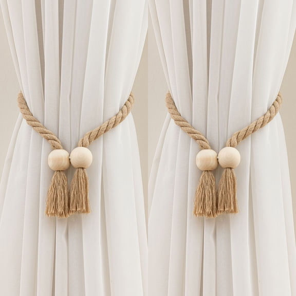 Cotton Thread Wooden Round Bead Curtain Tiebacks, Curtain Tie Backs for Curtains 2 Pack, Curtain Holders for Boho Bedroom Decor,Farmhouse DecorBrown