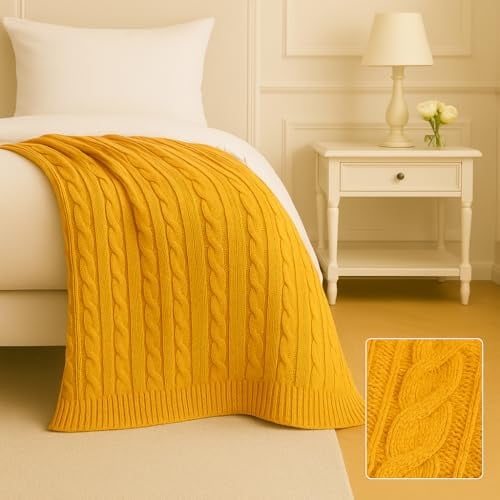 Cotton Throw Blanket – 100% Cable Knit Throw for Couch, Sofa or Bed, Soft & Lightweight, Machine Washable,Decorative Blanket for All Seasons