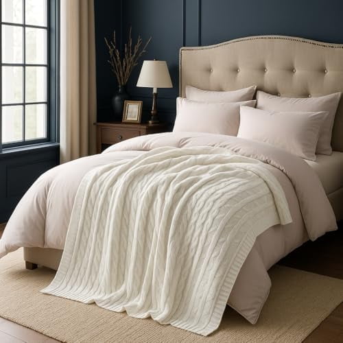 Cotton Throw Blanket – 100% Cable Knit Throw for Couch, Sofa or Bed, Soft & Lightweight, Machine Washable,Decorative Blanket for All Seasons