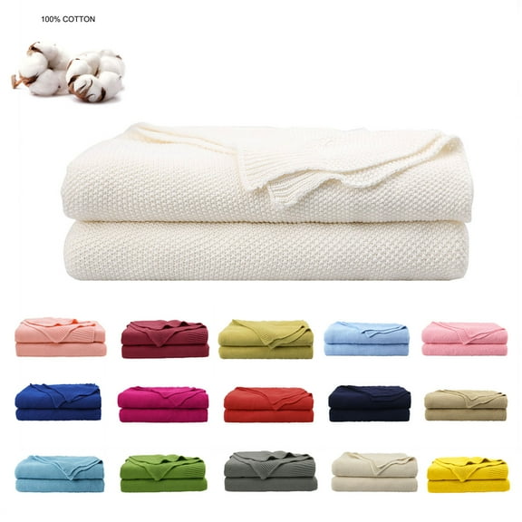 Cotton Throw Blanket Moss Stitch Solid Soft Sofa Couch Bed Decorative Knitted Blanket White 60"x78"