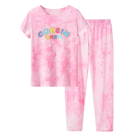 Beezizac Cotton Tie Dye Cousin Crew Pajamas for Girls Short Sleeve & Pants PJ Set Size 18