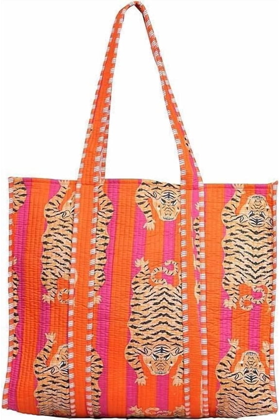Cotton Tiger Block Print Tote Bag, Handmade Indian Shopping Shoulder Bag, Unisex Market Daily Use