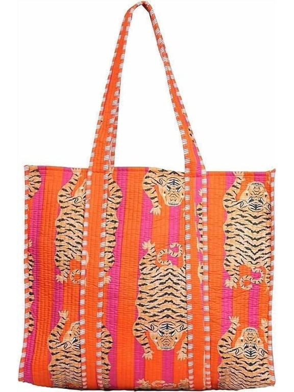 Cotton Tiger Block Print Tote Bag, Handmade Indian Shopping Shoulder Bag, Unisex Market Daily Use